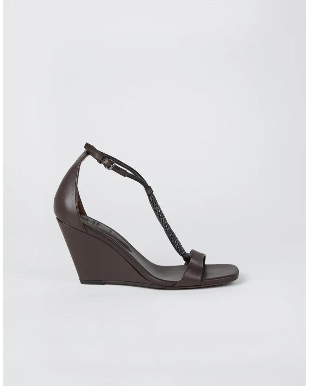 Brunello Cucinelli White Dark Leather Wedge Sandals
