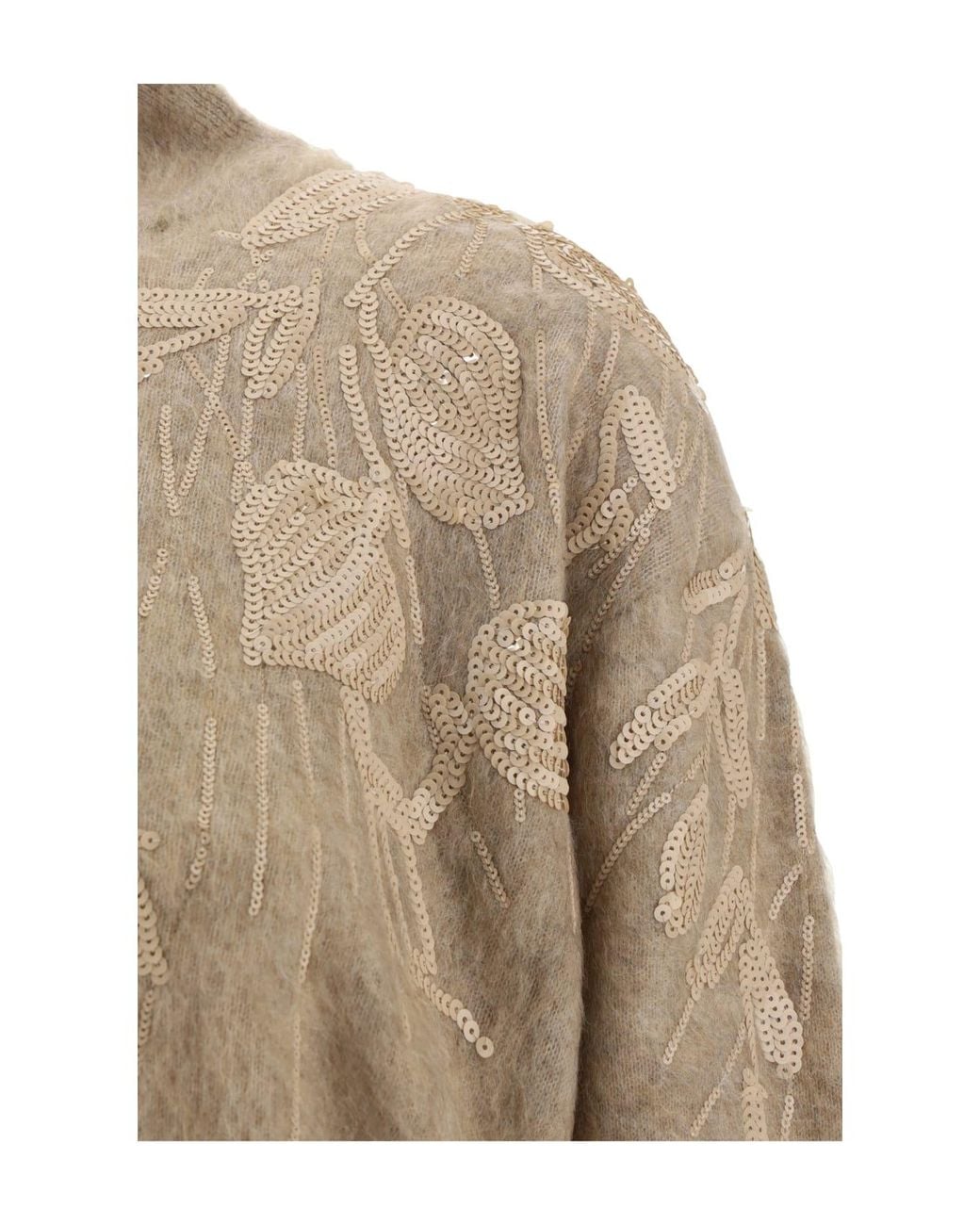 Brunello Cucinelli Natural Warm Wool Mohair Blend Embellished Sweater Clothing
