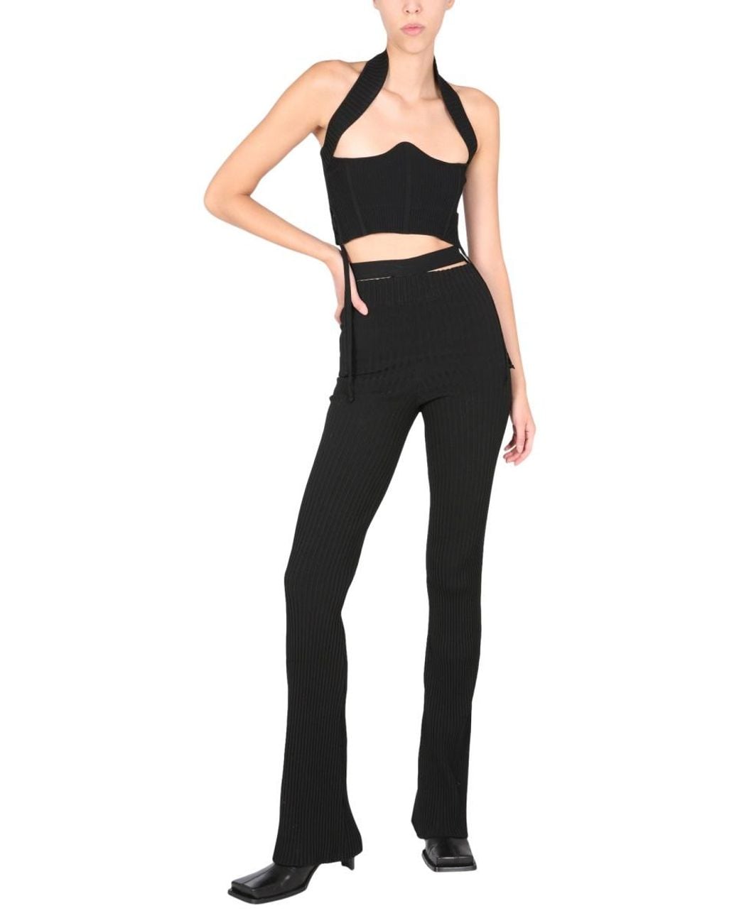 ANDREADAMO Black Ribbed Trousers With Cut Out Belt Viscose