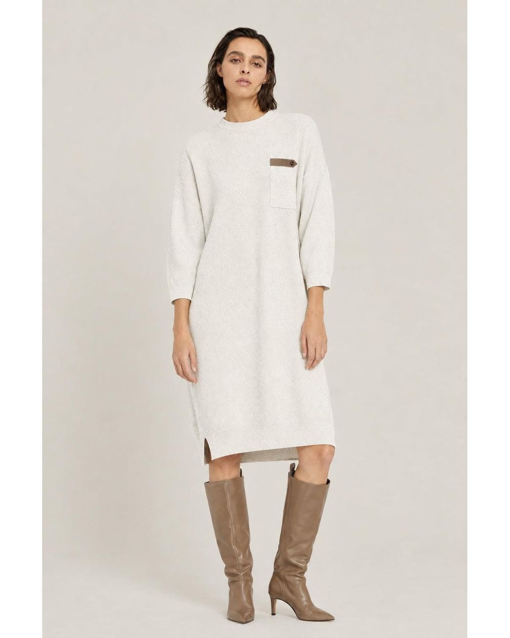 Brunello Cucinelli Natural Oat Ribbed Cotton Relaxed Dress