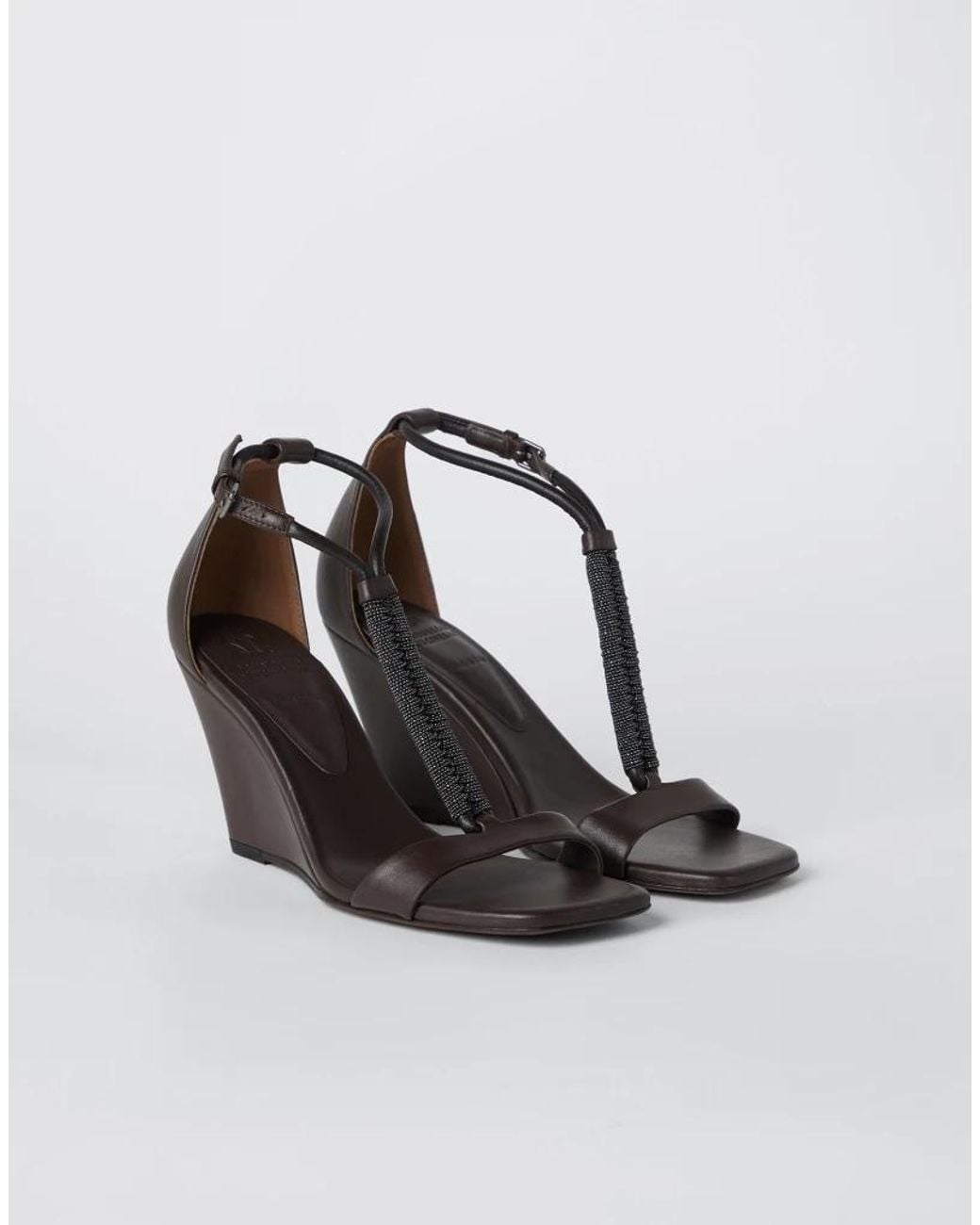 Brunello Cucinelli White Dark Leather Wedge Sandals