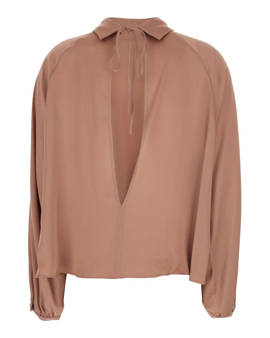 Semicouture Brown Crewneck Blouse With Rear V Neck And Rear Bow Closure