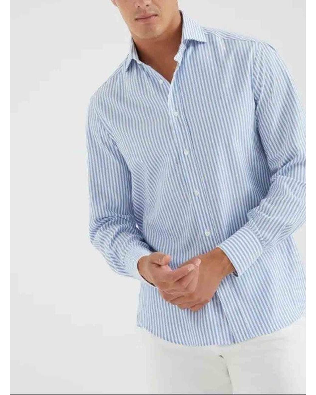 Brunello Cucinelli Blue And Light Striped Shirt for men