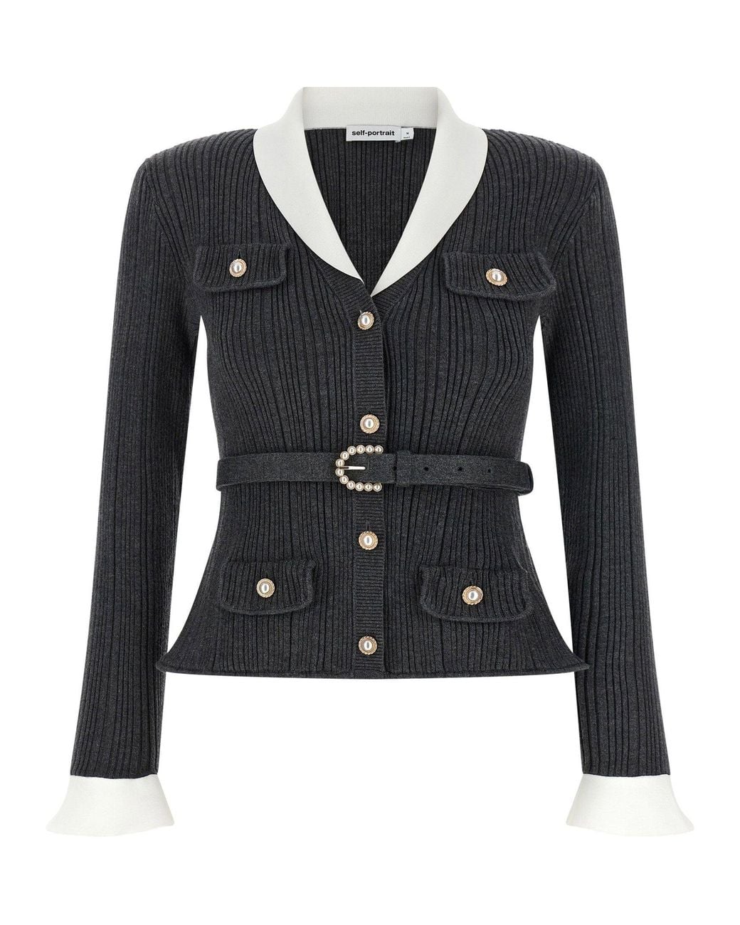 Self-Portrait Blue Ribbed With Contrast Cuffs Cardigan