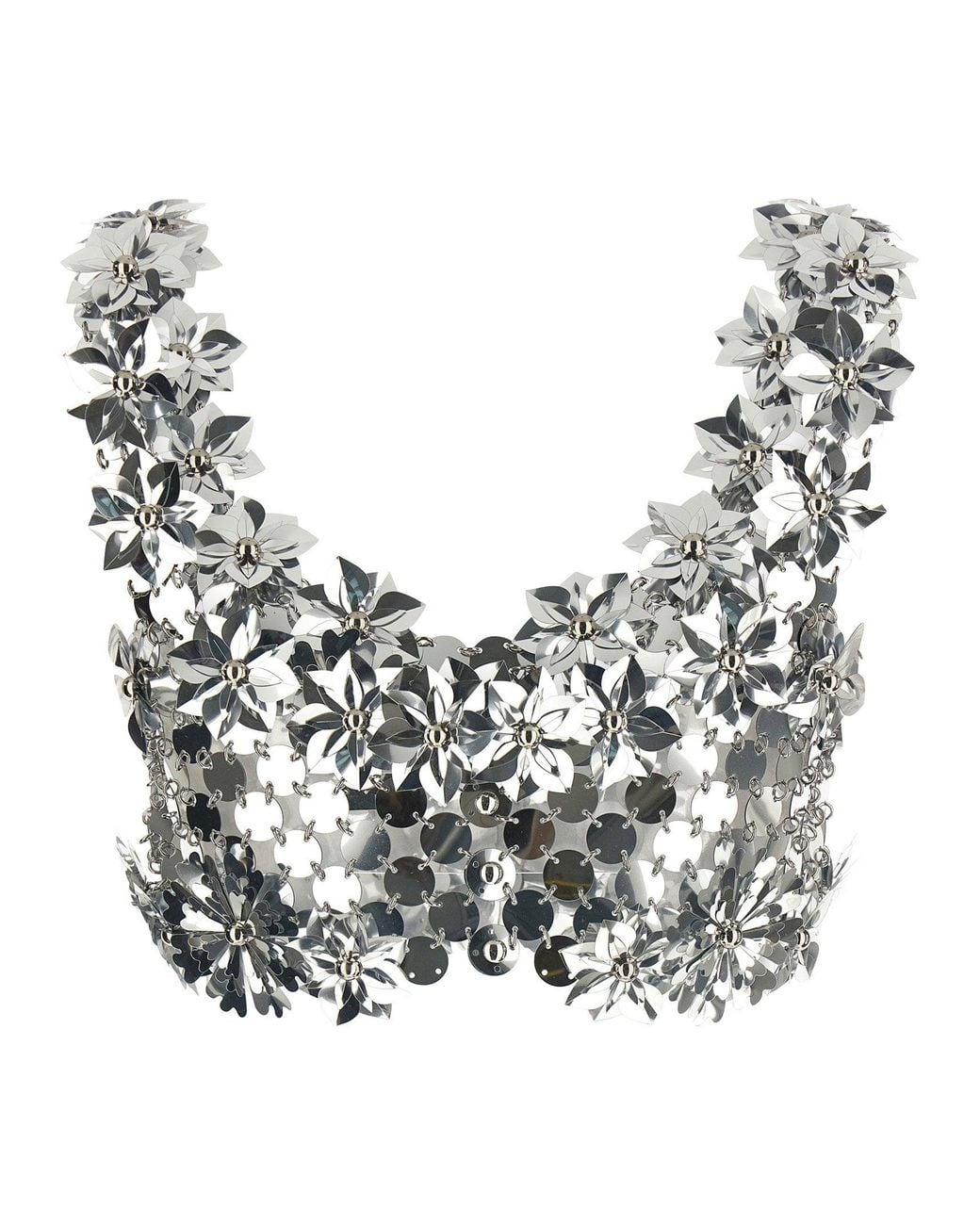 Rabanne Gray 3D Floral Metal Disc Bralette Top