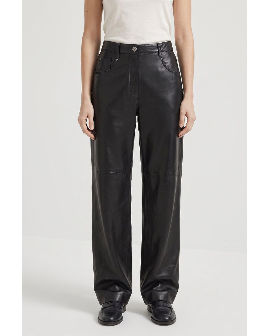 Brunello Cucinelli Black Leather Wide Trousers