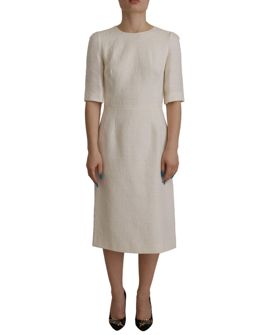 Dolce & Gabbana Gray Jaquard Midi Floral Sheath Brocade Dress Cotton