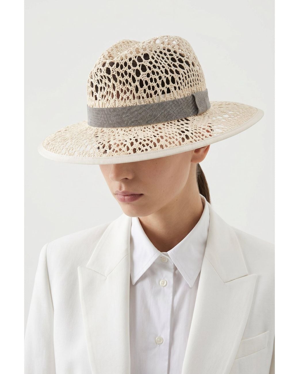 Brunello Cucinelli White Openwork Woven Hat