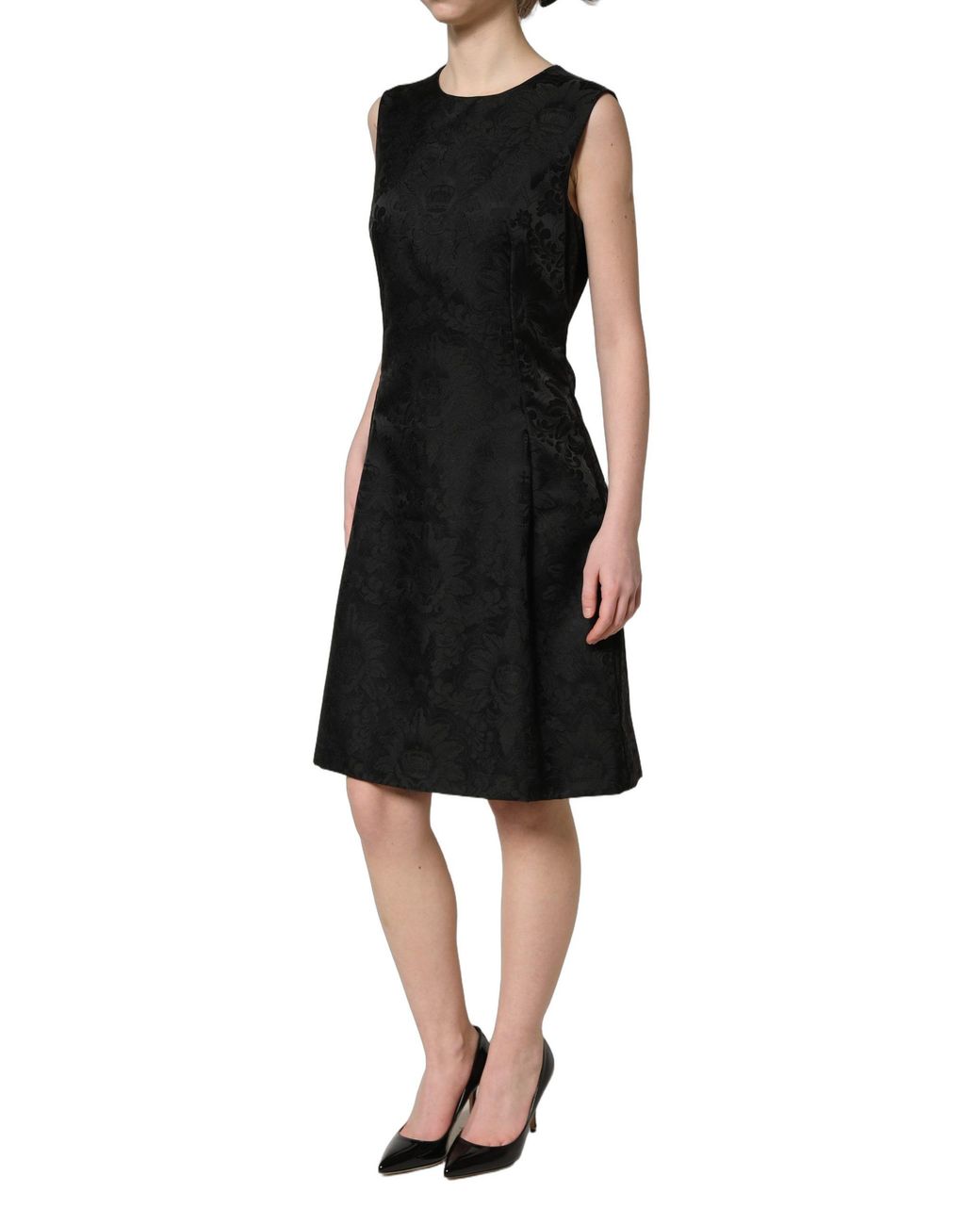 Dolce & Gabbana Black Floral Jacquard Sleeveless A-Line Dress Nylon