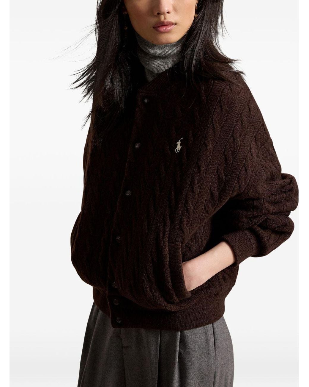 Polo Ralph Lauren Brown Bomber Jacket Cable-Knit Wool