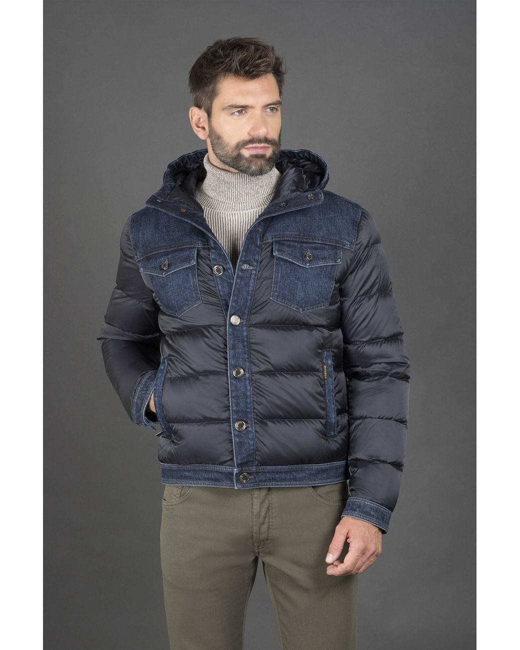Moorer Gray Quilted Jacket With Denim Accents Clothing for men
