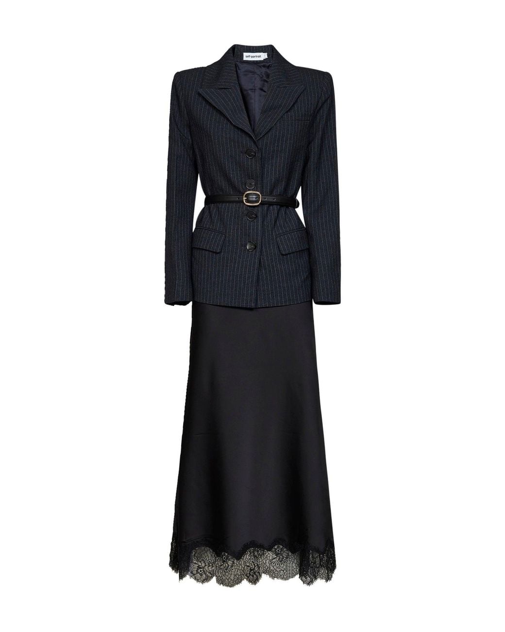 Self-Portrait Black Tailored Dress With Pinstriped Blazer And Satin Skirt
