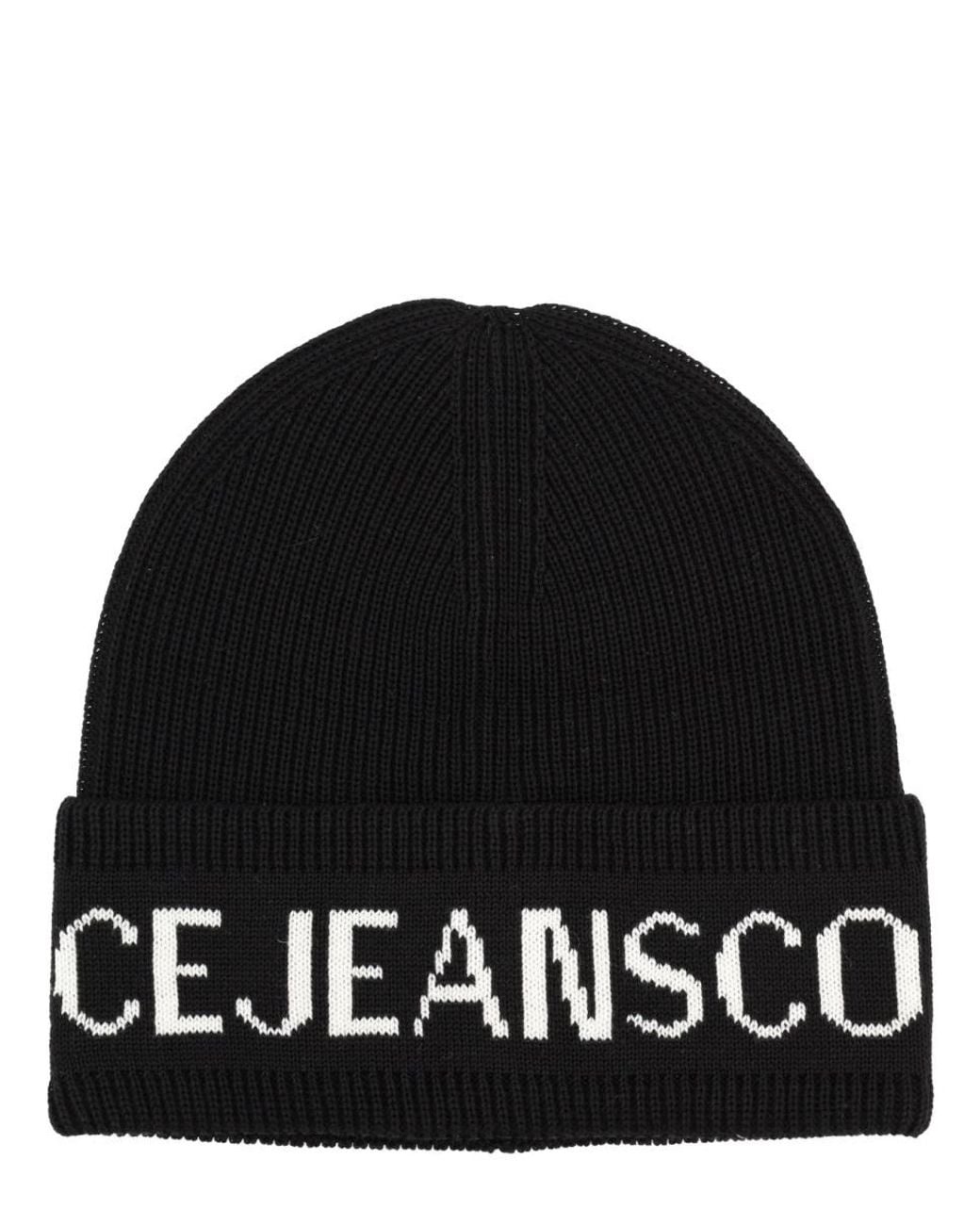 Versace Jeans Couture Black Wool And Acrylic Beanie Hat for men