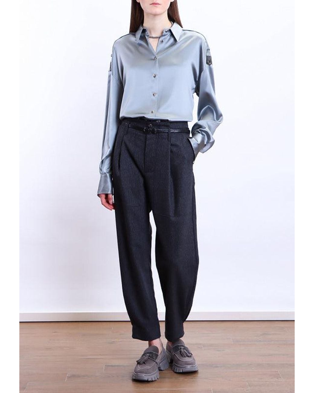 Brunello Cucinelli Blue Satin Button-Up Shirt