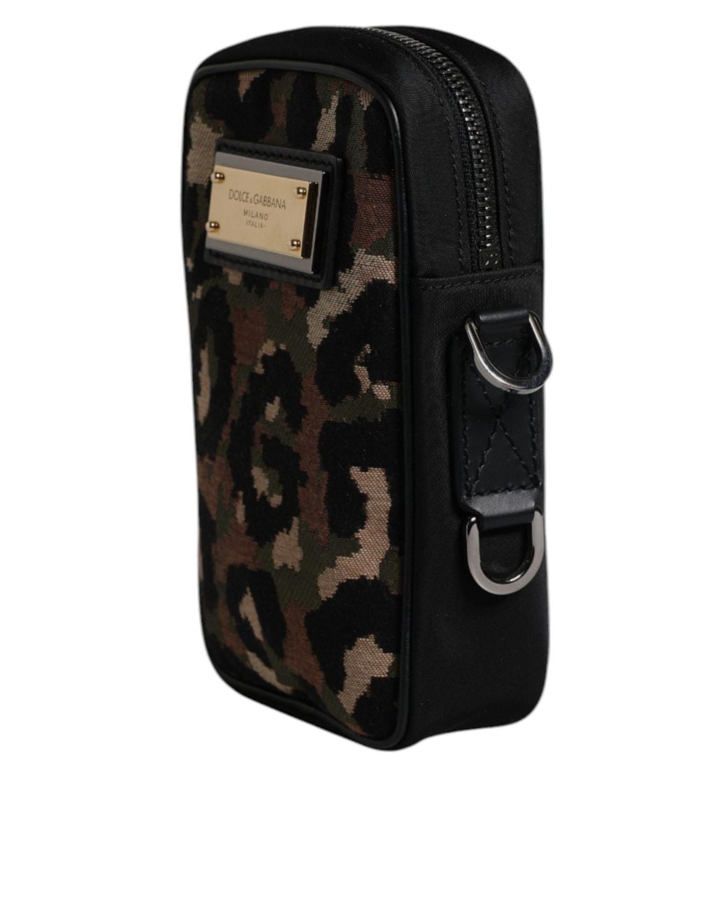 Dolce & Gabbana Black Multicolor Leopard Jacquard Logo Plaque Neck Strap Bag for men