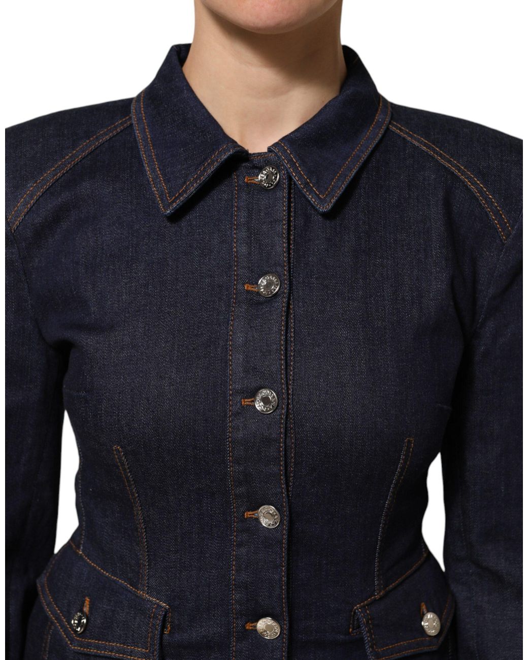Dolce & Gabbana Blue Dark Cotton Collared Denim Coat Jacket Co+02+Elastomultyester Clothing