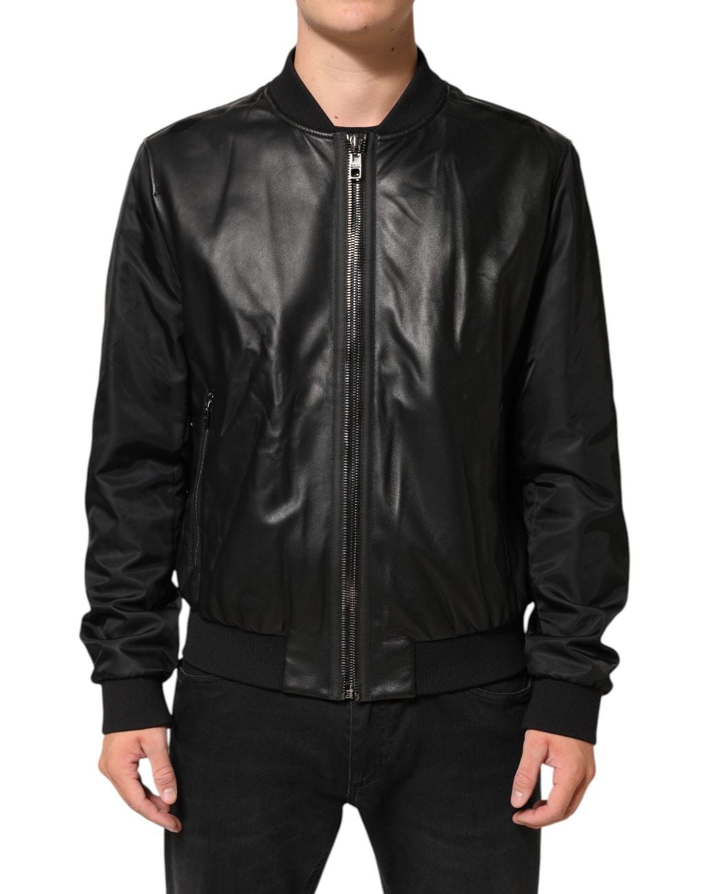 Dolce & Gabbana Black Leather Nylon Fullzip Blouson Jacket Pa+Lamb Clothing for men
