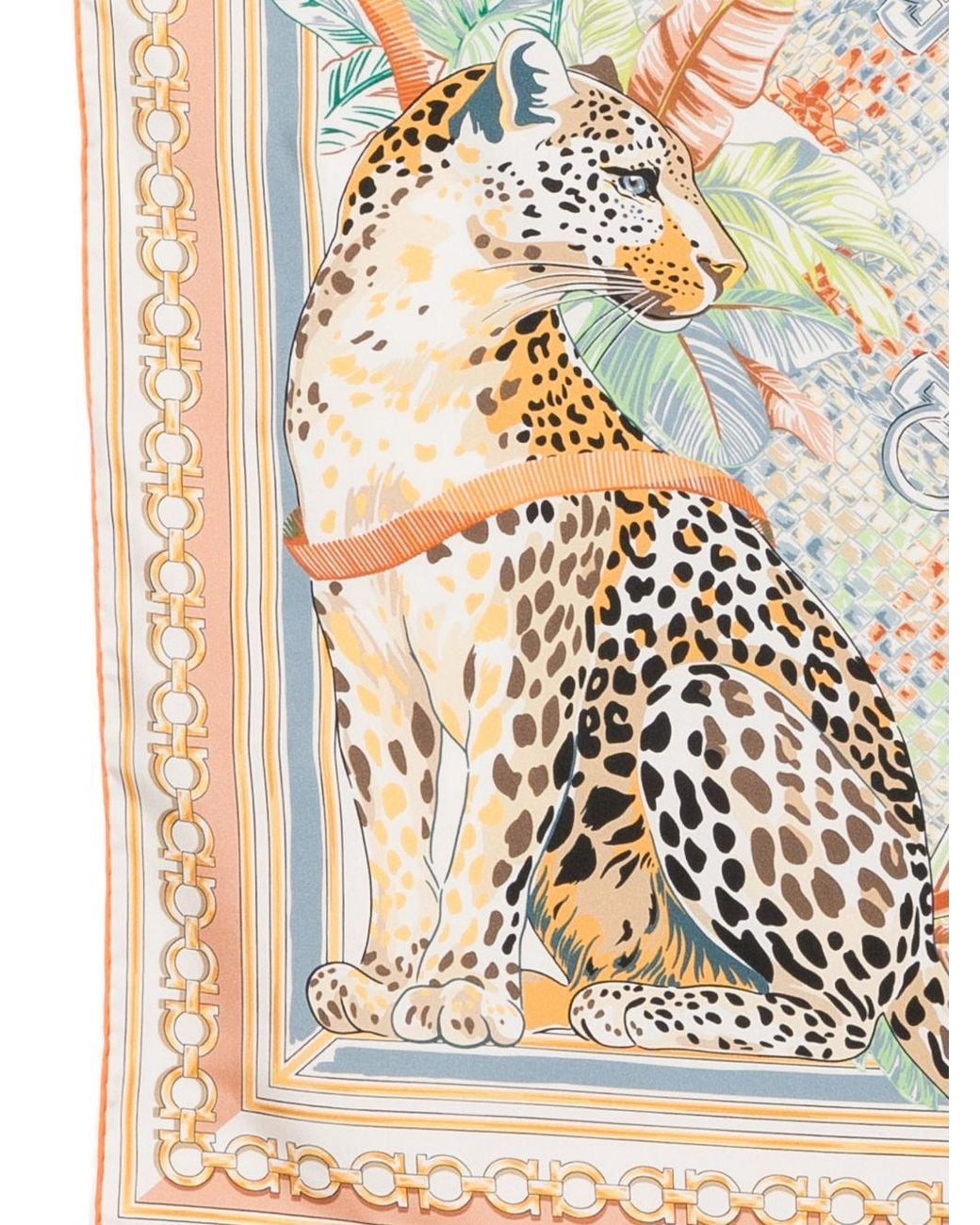 Ferragamo Natural Leopard And Tropical Leaf Print Silk Scarf — Ivory