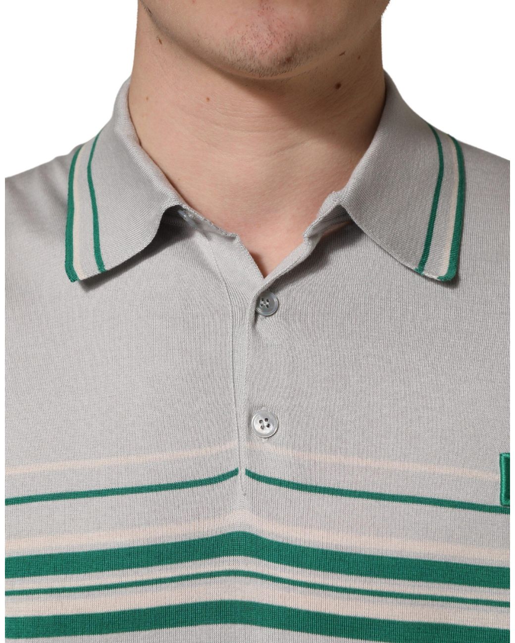 Dolce & Gabbana Gray Green Striped Logo Silk Polo T for men