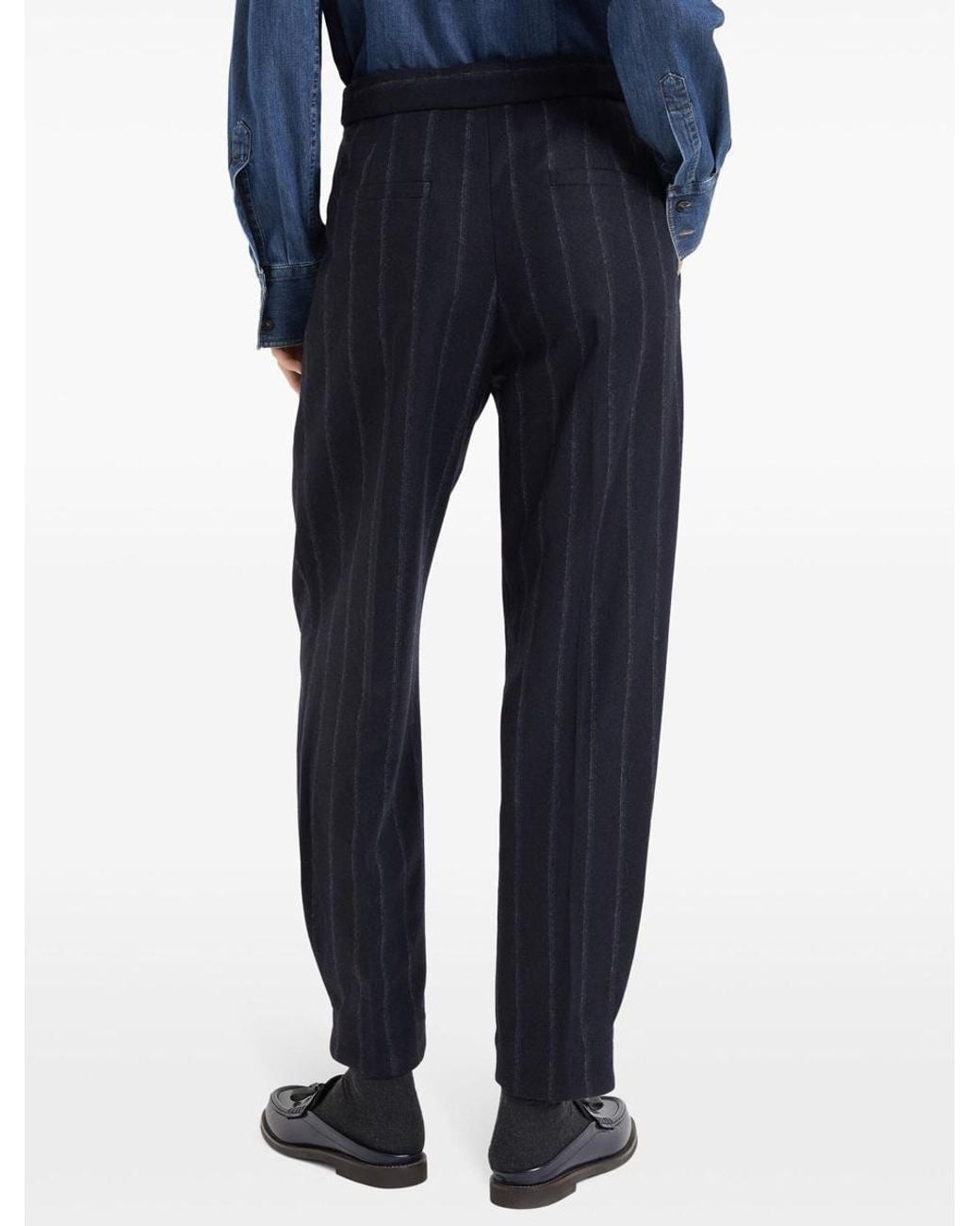 Brunello Cucinelli Blue Midnight Wool Pinstripe Trousers