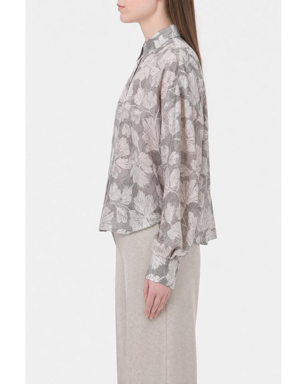 Brunello Cucinelli Gray Floral Silk Shirt