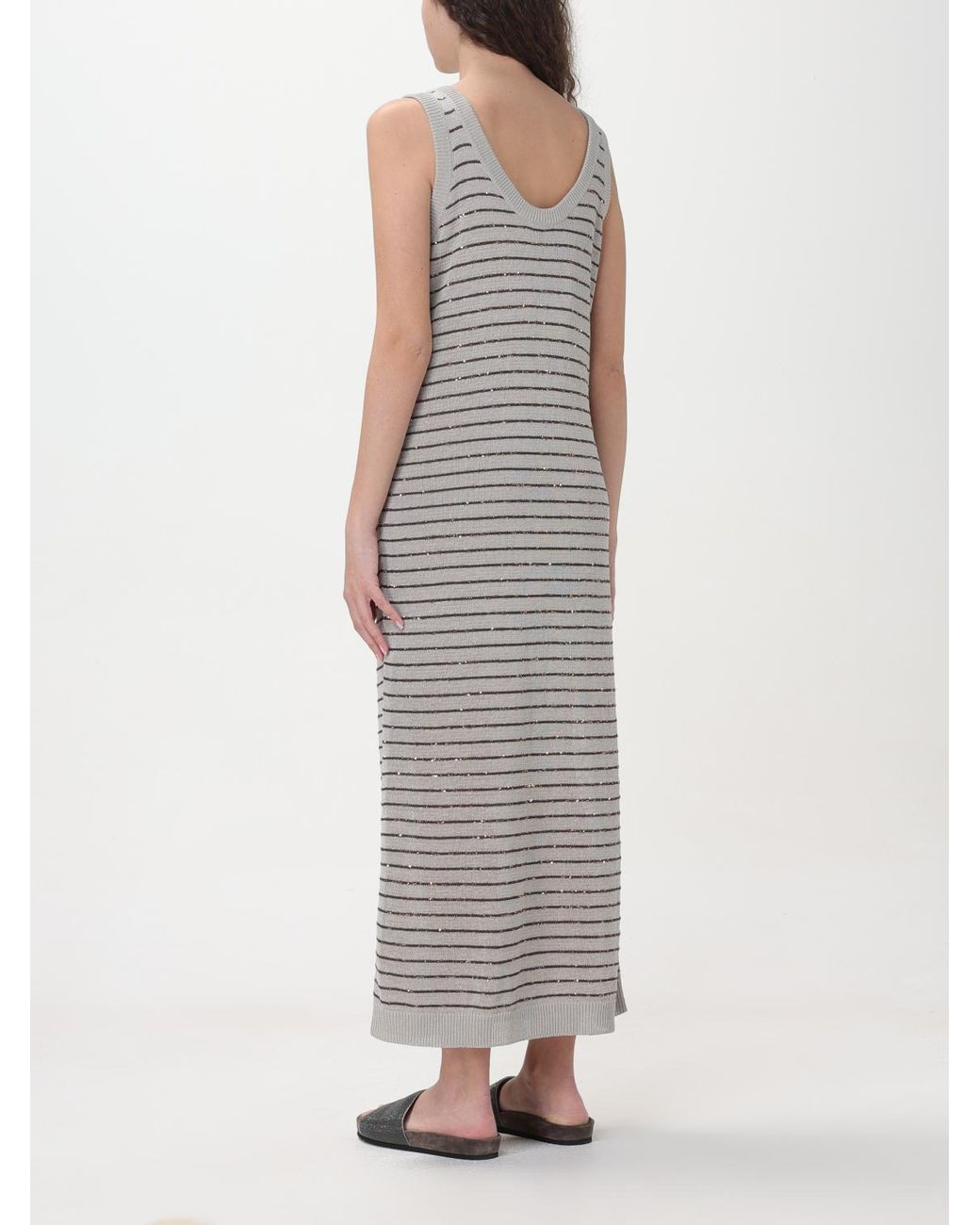Brunello Cucinelli Gray Light Striped Sleeveless Dress