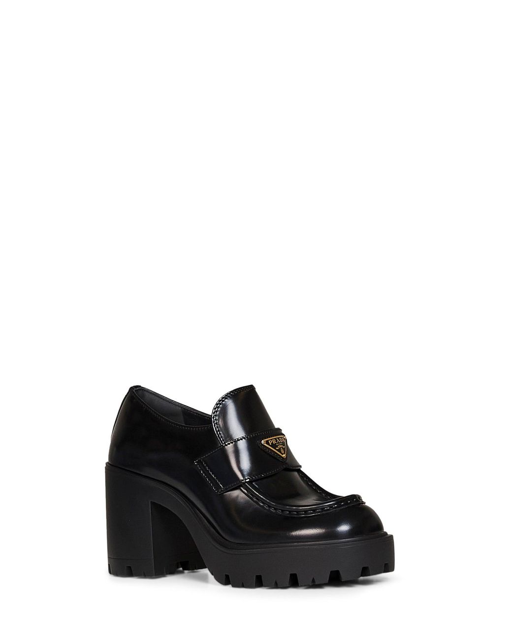 Prada Black Heeled Loafers Brushed Leather