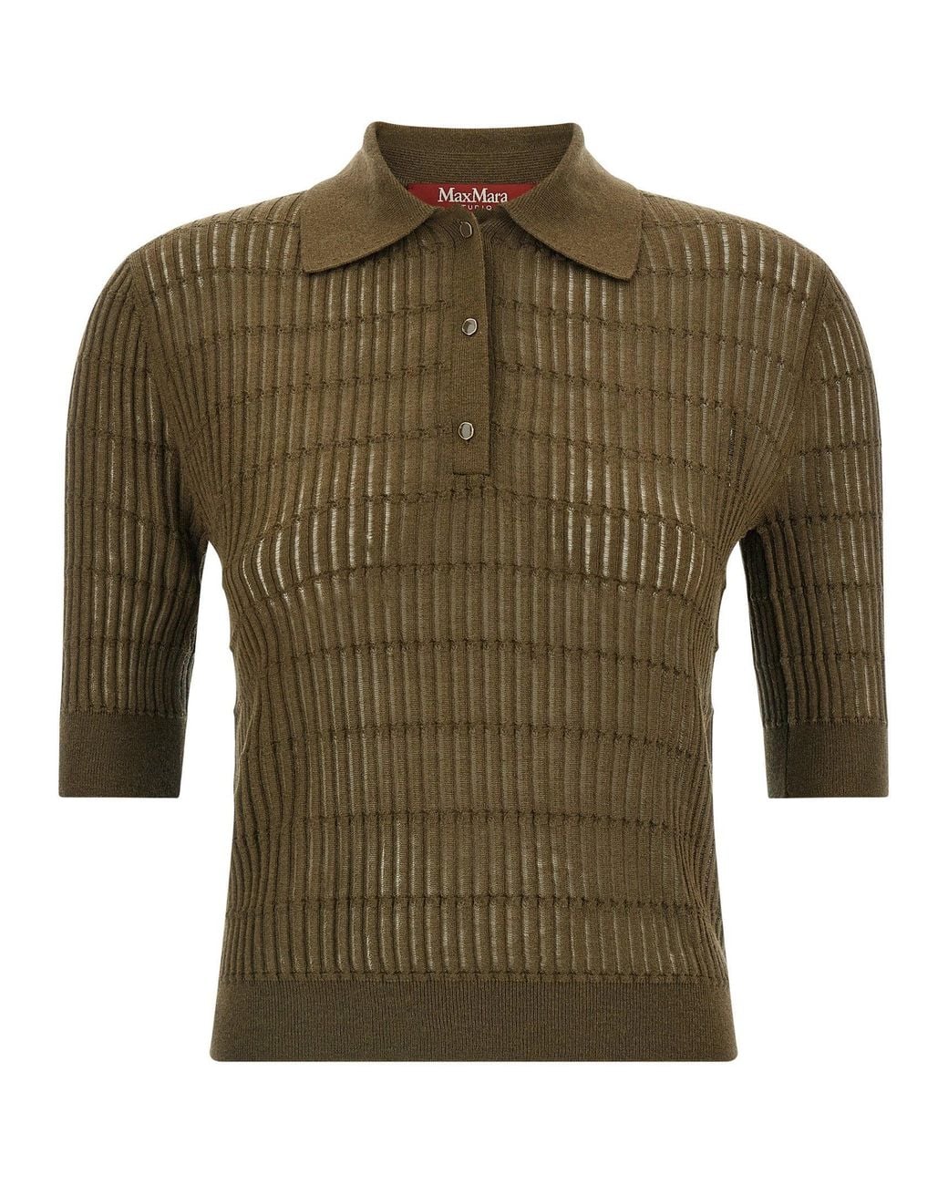 Max Mara Green Ribbed Wool-Silk Knit Polo Shirt