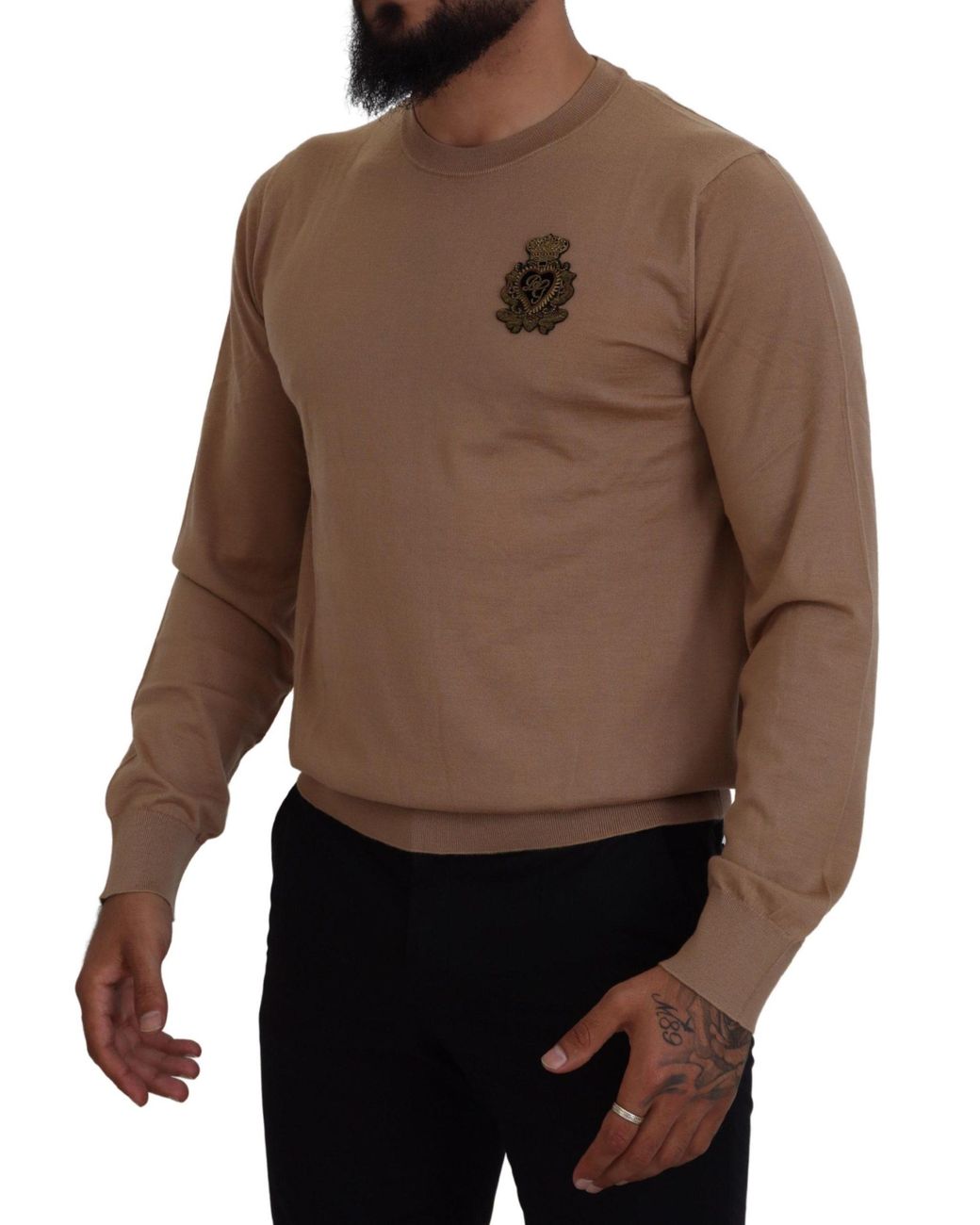 Dolce & Gabbana Brown Crew Neck Sweater Emblem for men