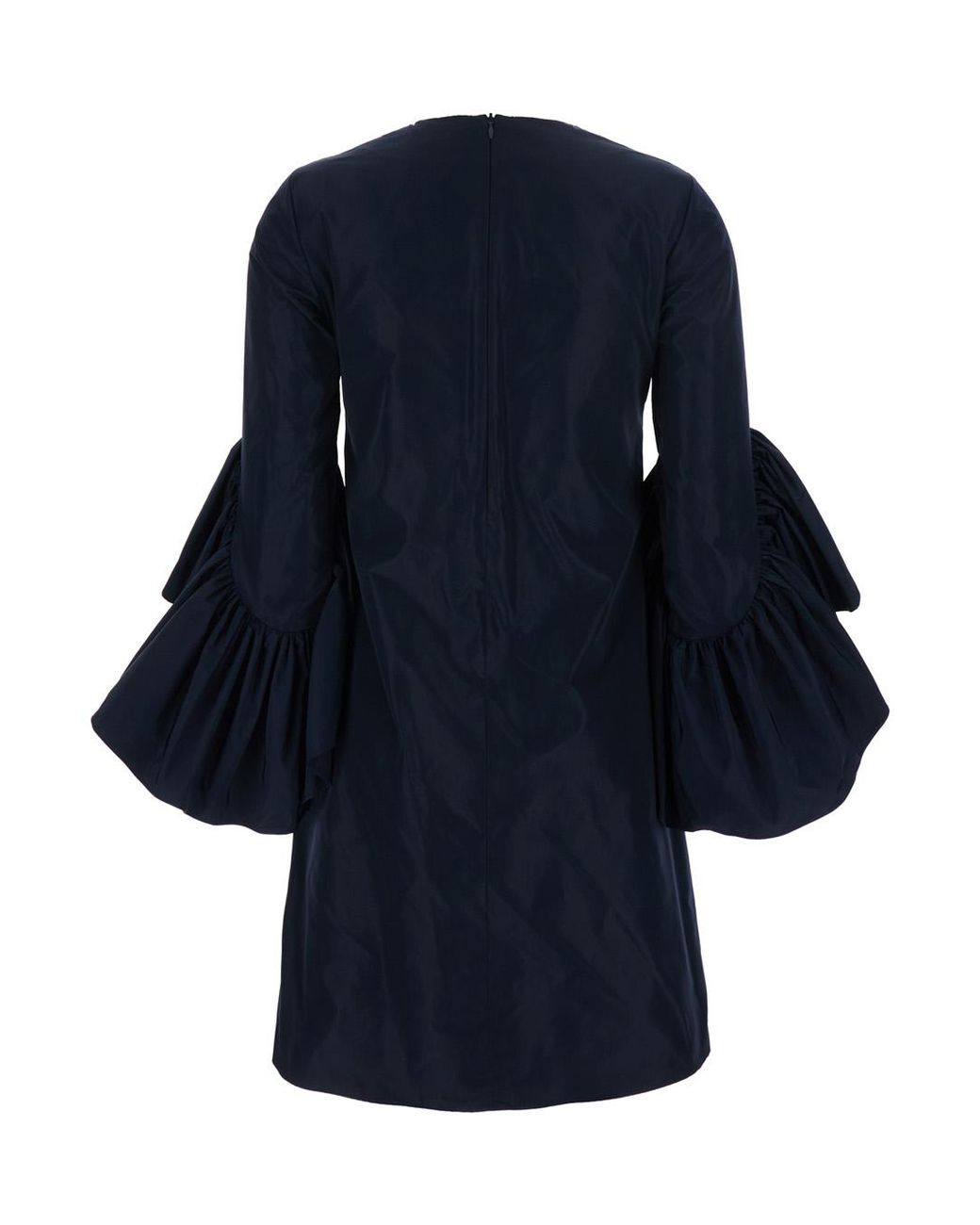 Le Plain Blue Crew Neck Dress With Flared Draped Sleeves For