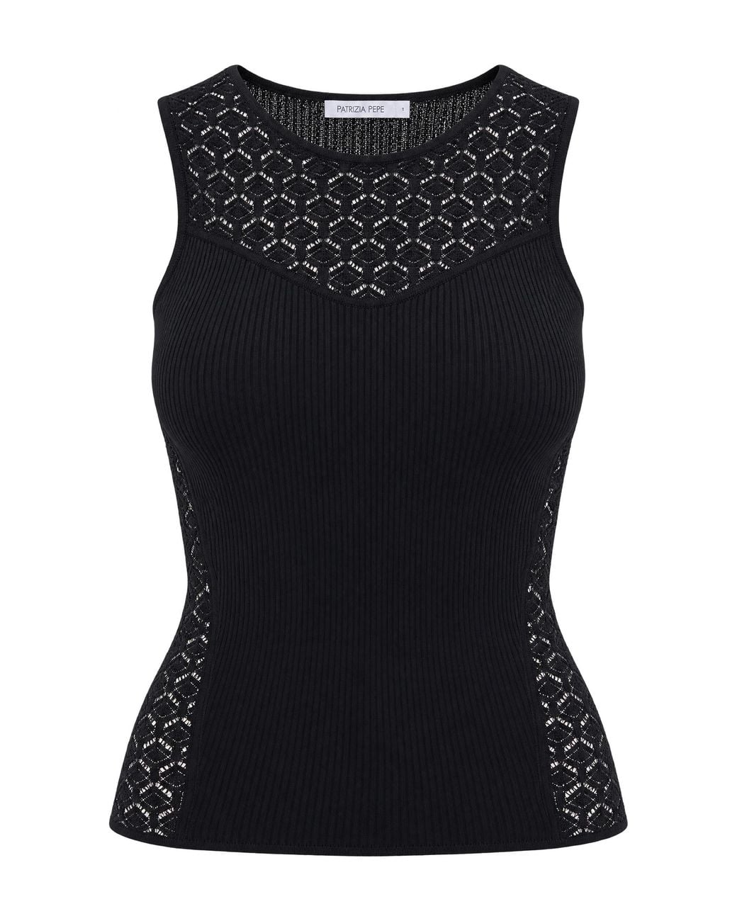 Patrizia Pepe Black Sleeveless Ribbed Lace Top Main Fabric: Polyamide Sweater