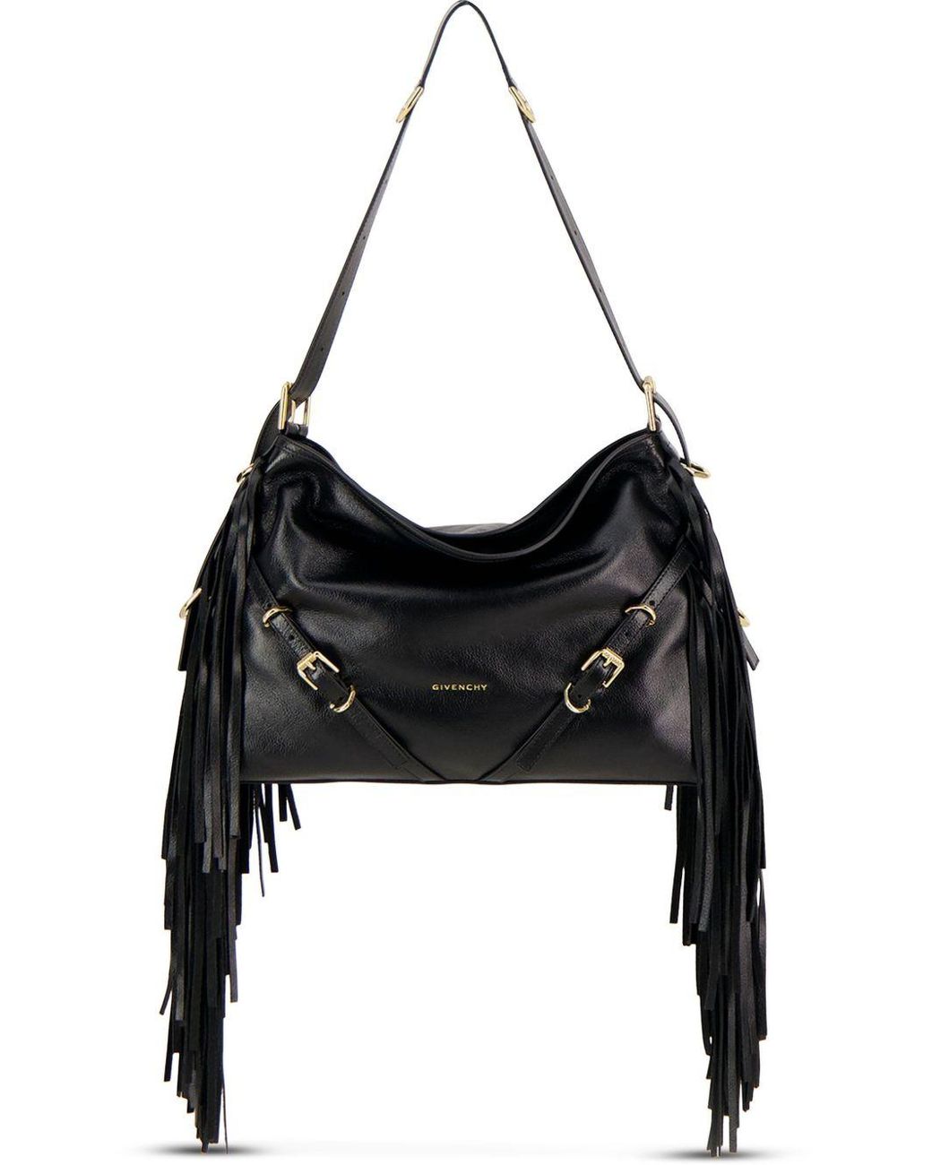 Givenchy Black Voyou Medium Calf Leather Shoulder Bag With Side Fringes And Signature