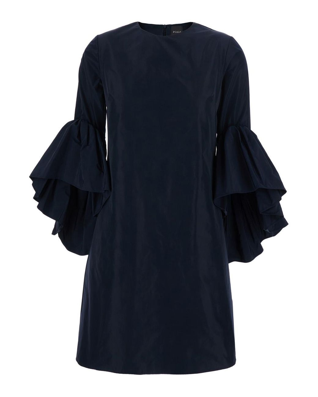 Le Plain Blue Crew Neck Dress With Flared Draped Sleeves For