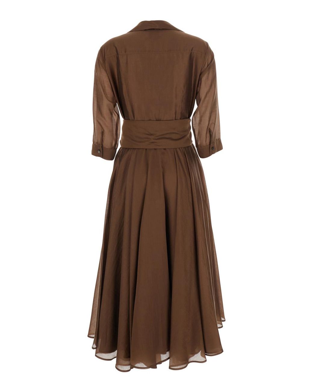 Le Plain Brown Long Dress With Adjustable Waist Belt And Cuban Collar