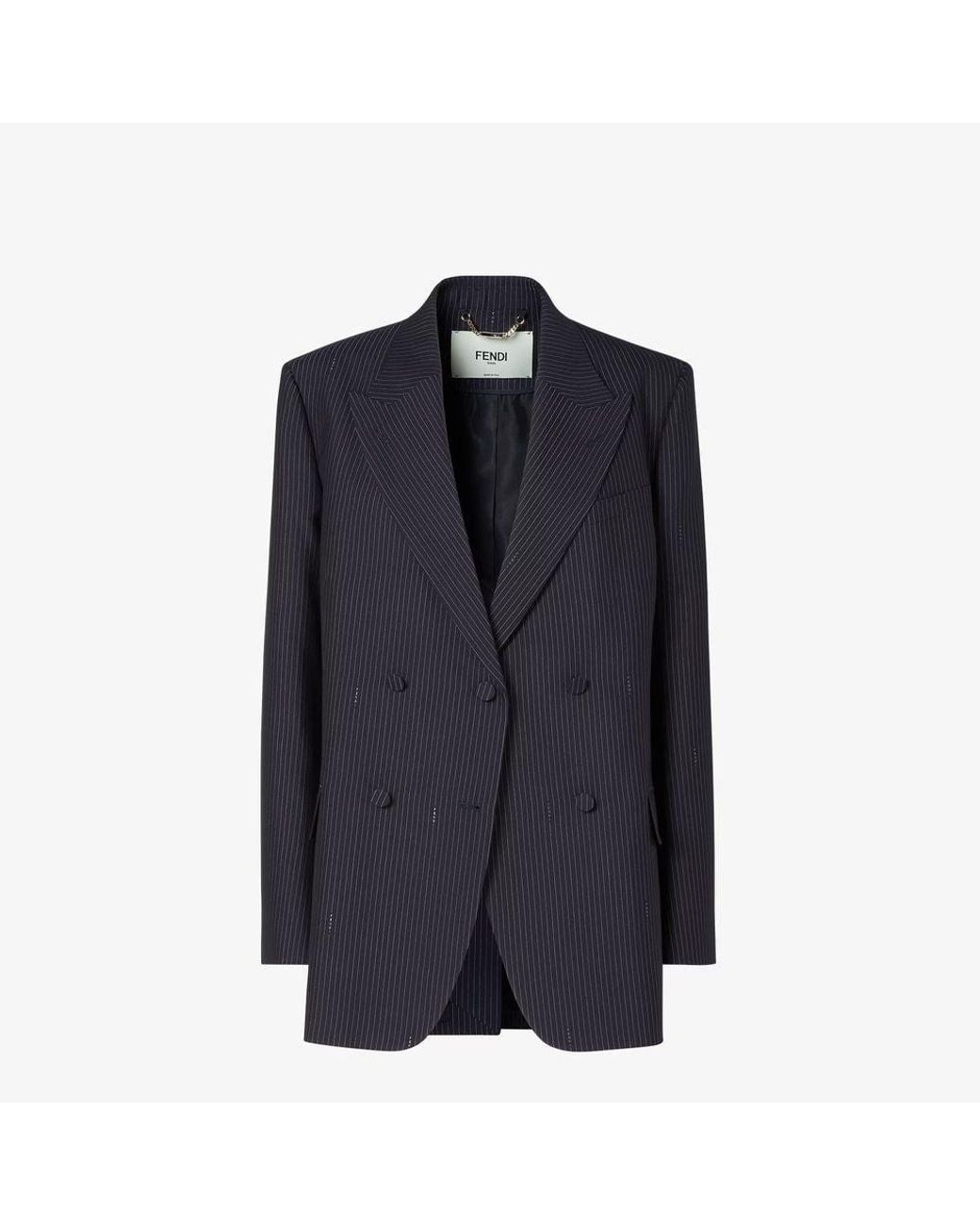 Fendi Blue Fendi Double-Breasted Pinstriped Wool Blazer