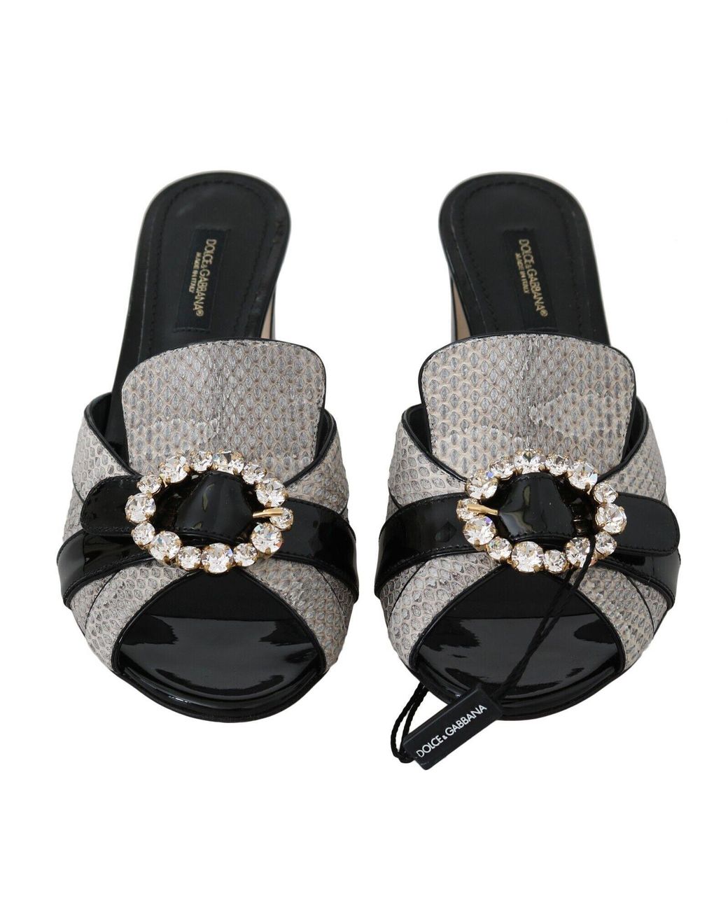 Dolce & Gabbana Black Gray Exotic Leather Crystals Sandals Shoes