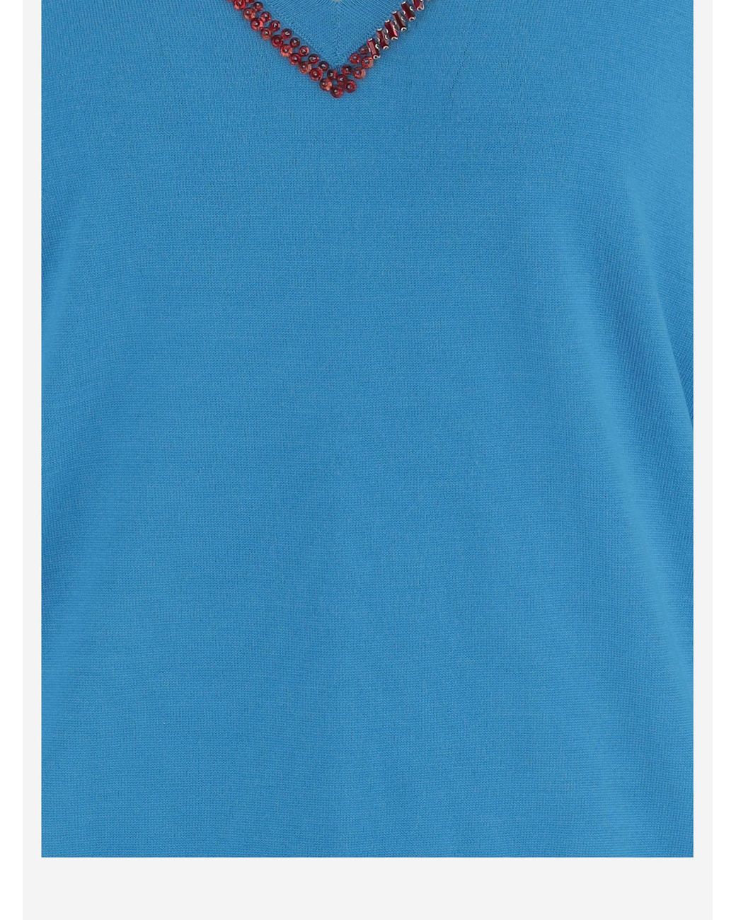 Dries Van Noten Blue Wool Sweater With Embellished V-Neck, Merino