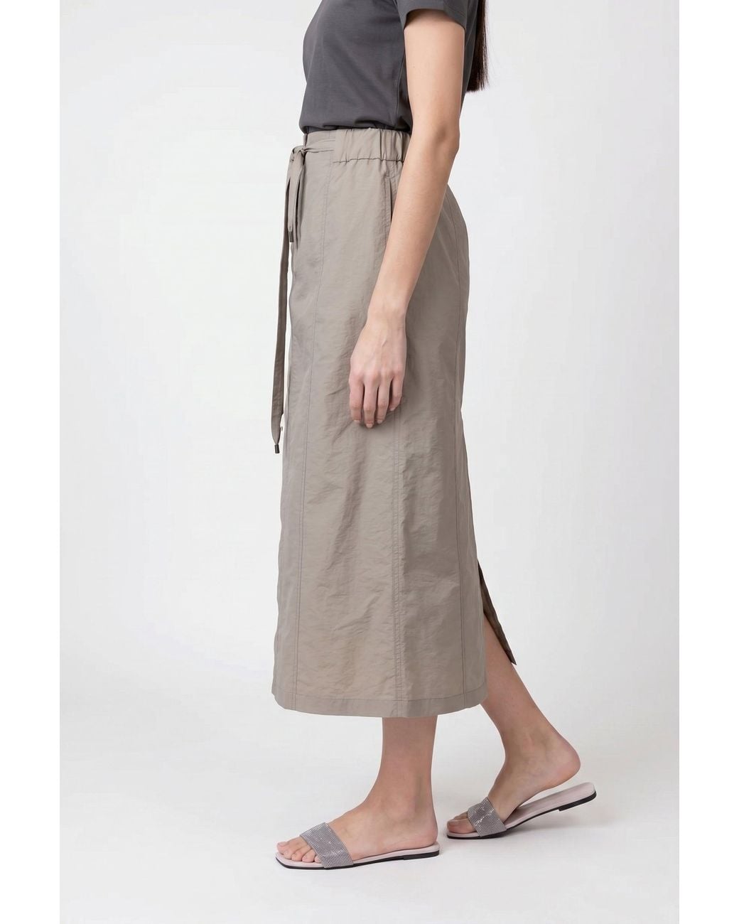Brunello Cucinelli Green Oliva Cotton Blend Midi Skirt With Tie