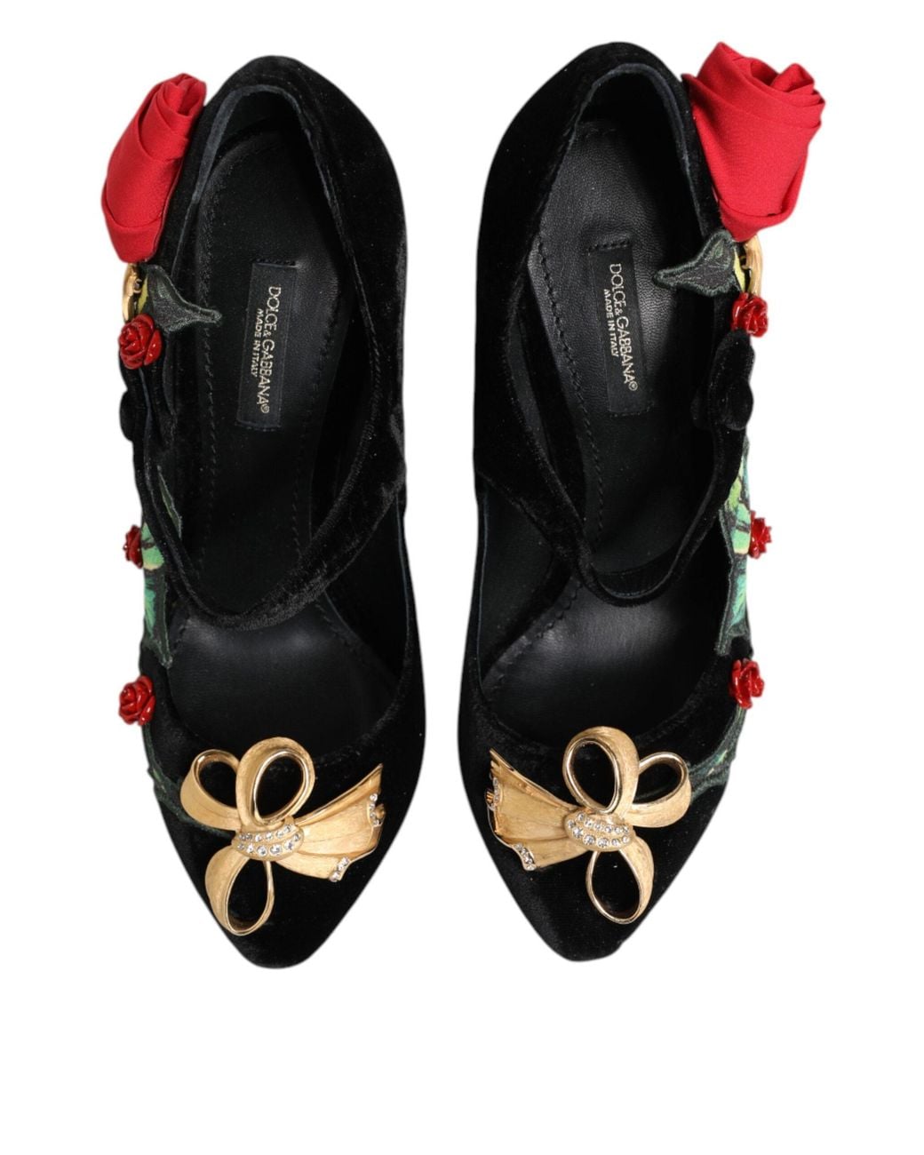 Dolce & Gabbana Black Roses Crystal Brooch Mary Jane Shoes Rayon Silk