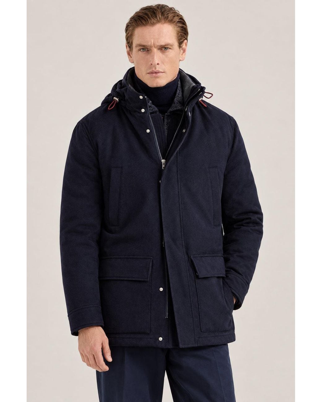 Brunello Cucinelli Blue Wool Hooded Jacket Clothing for men