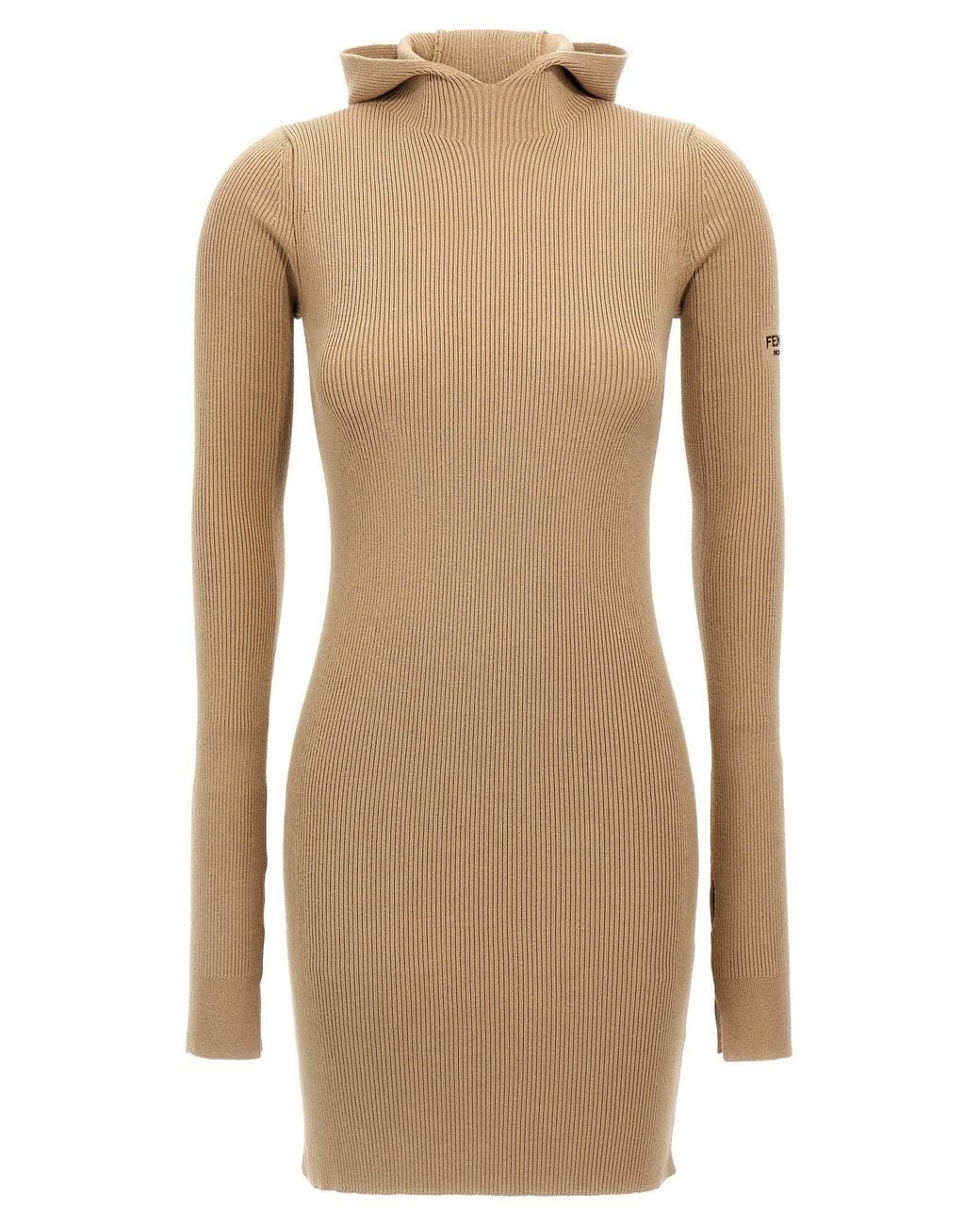 Fendi Natural Ribbed Wool-Silk Hooded Dress