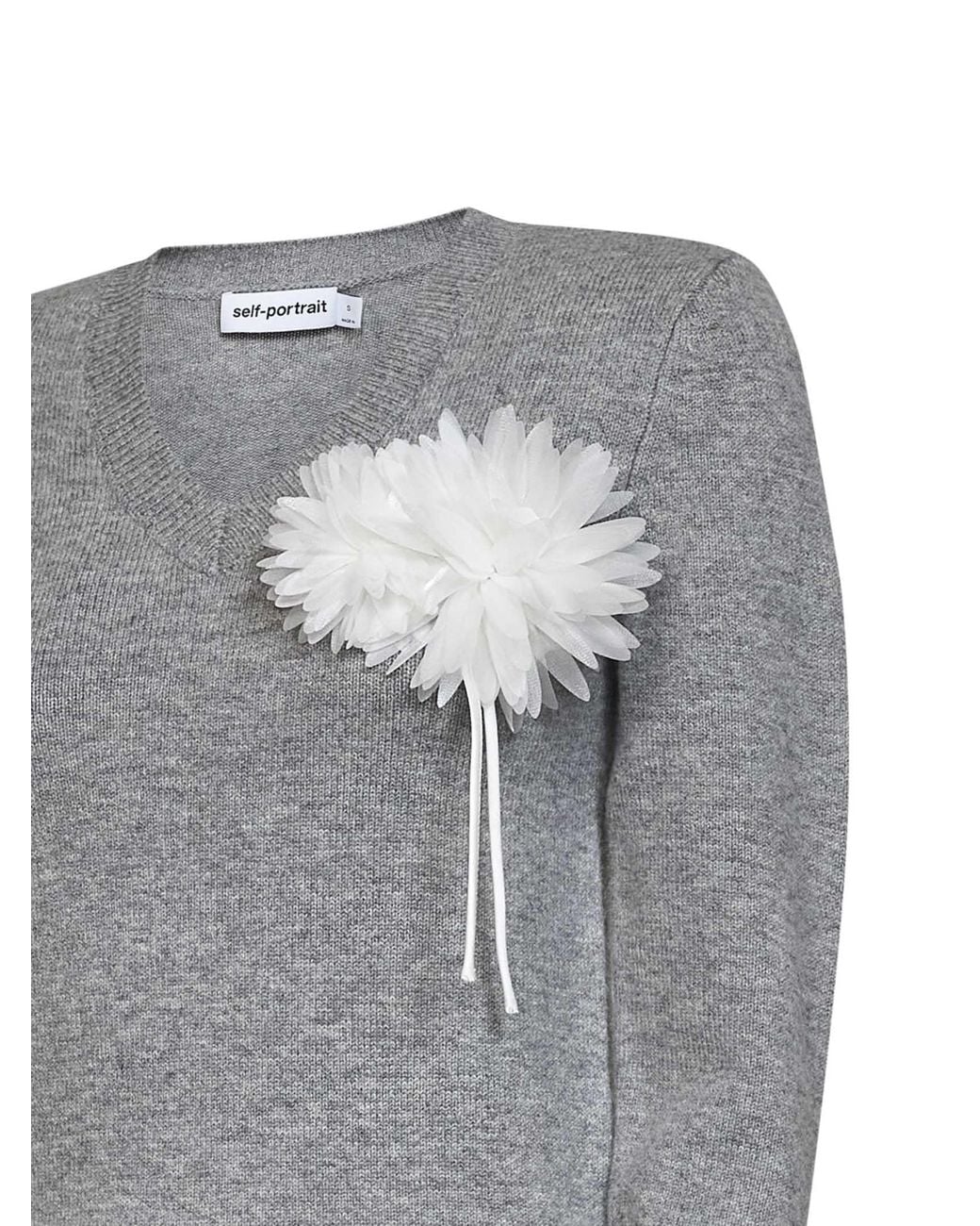 Self-Portrait Gray Wool And Cashmere Blend V-Neck Flower Sweater