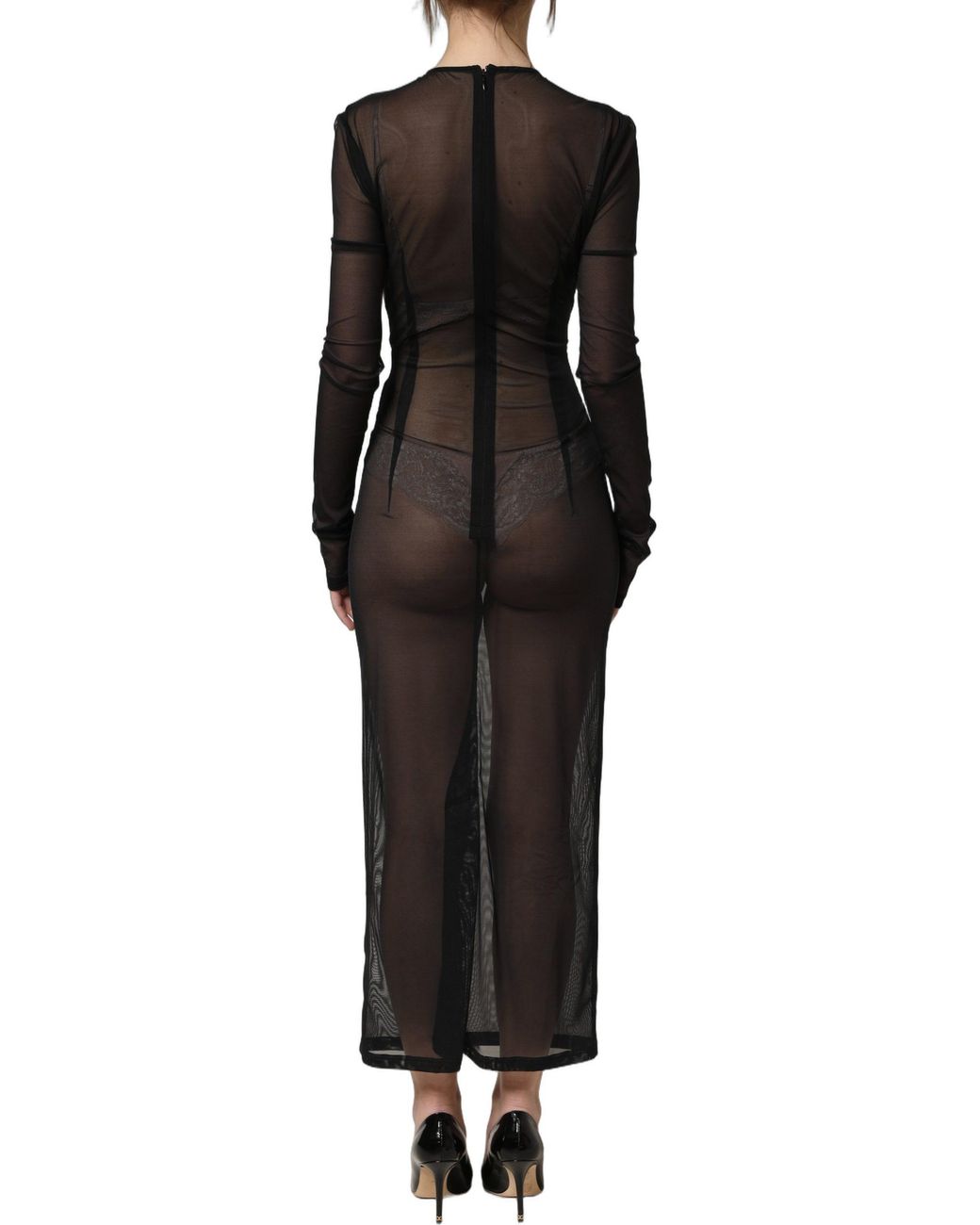 Dolce & Gabbana Black Long Sleeve Sheer Fitted Maxi Dress Nylon Elastane