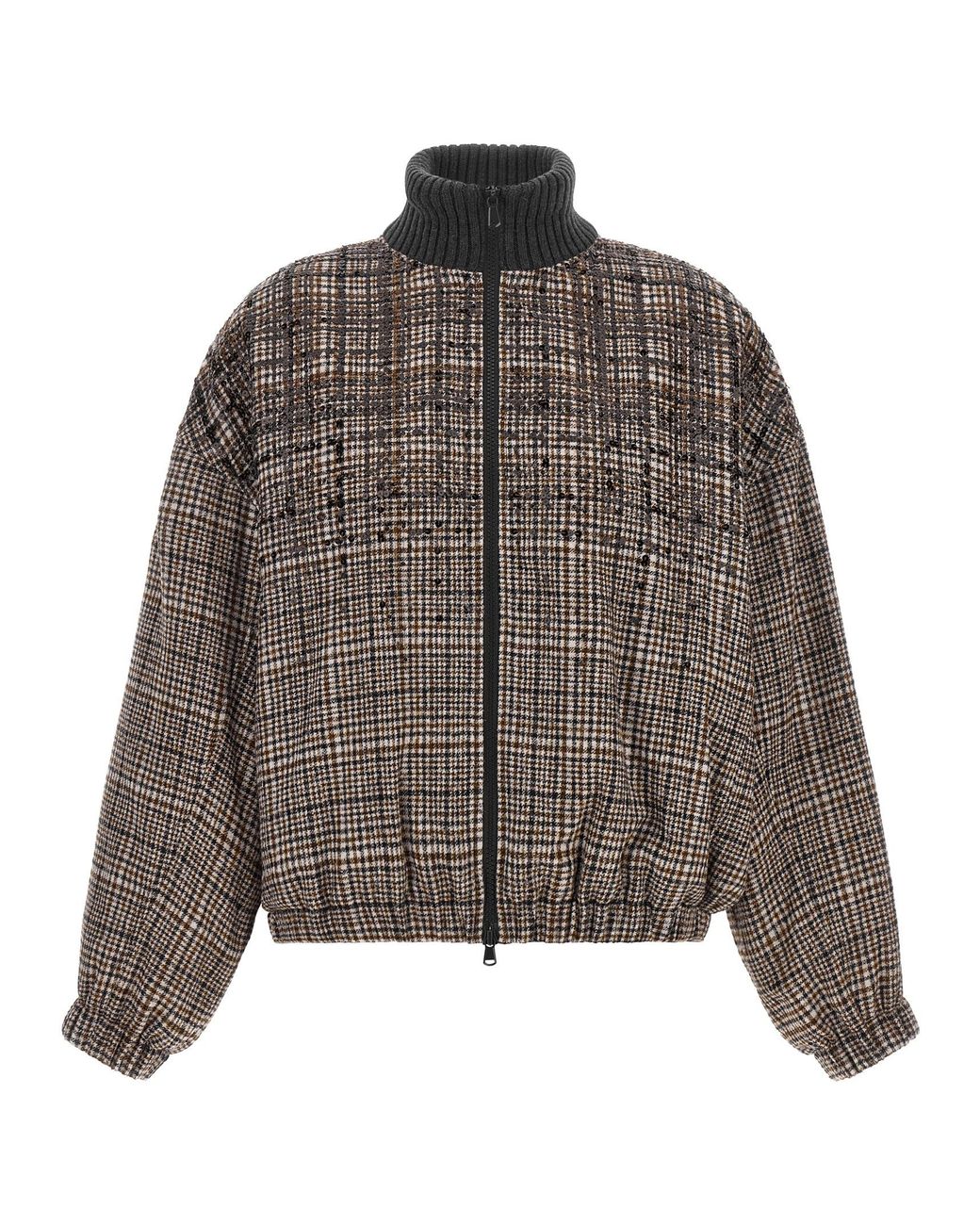 Brunello Cucinelli Brown Sequin Check Bomber Jacket