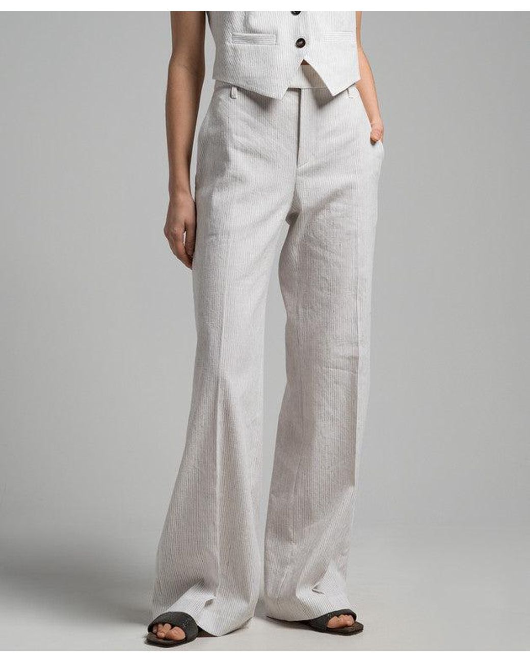 Brunello Cucinelli White Striped Linen Cotton Trousers