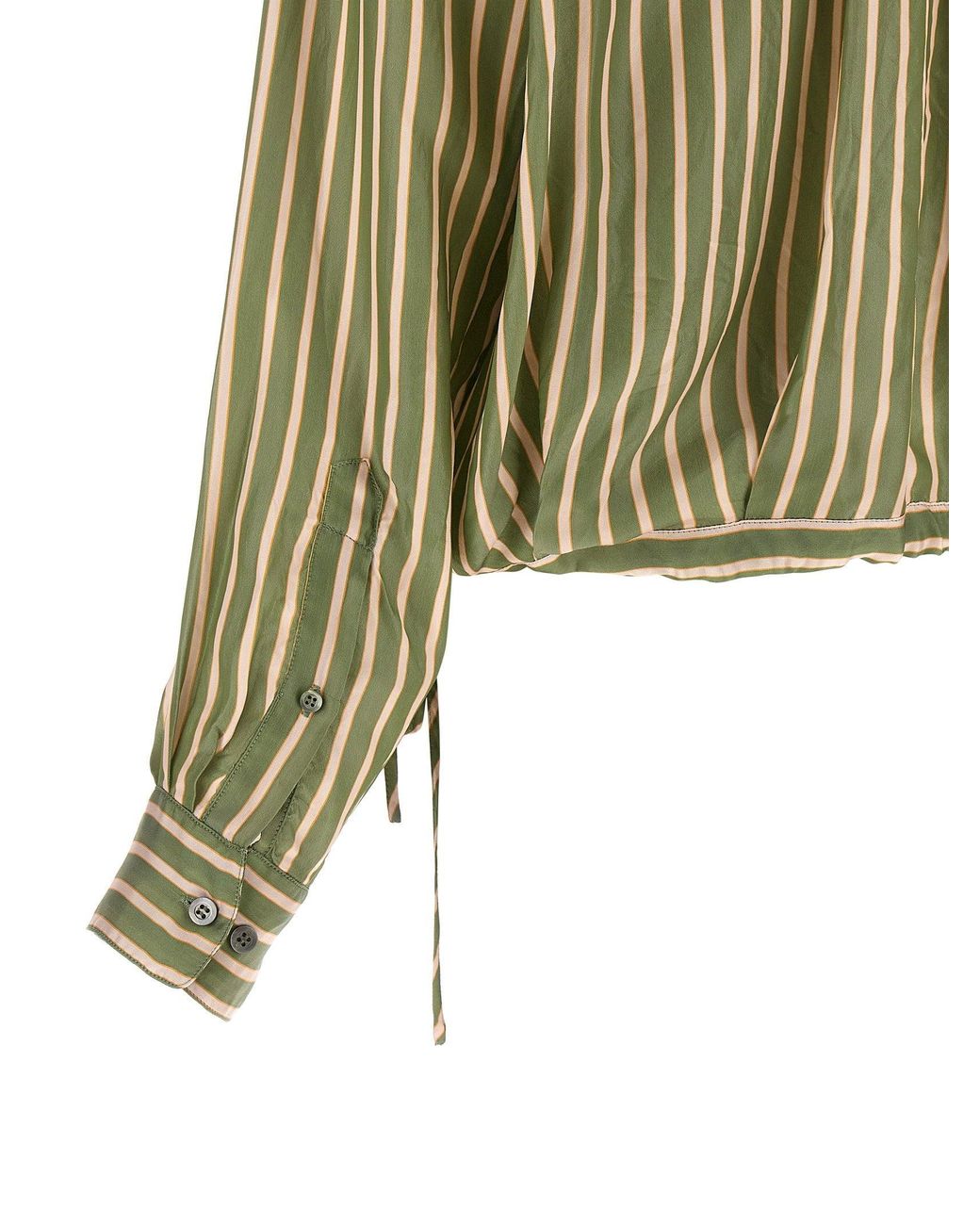 Dries Van Noten Green Striped Cupro With Ruffle Trim Shirt