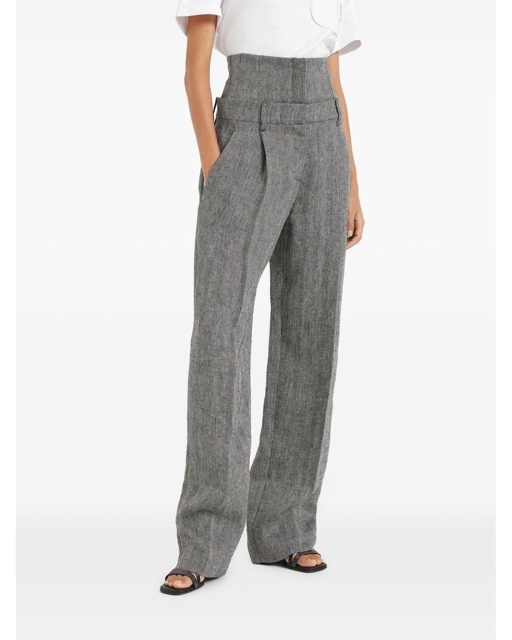 Brunello Cucinelli Gray Linen Wide Leg Trousers