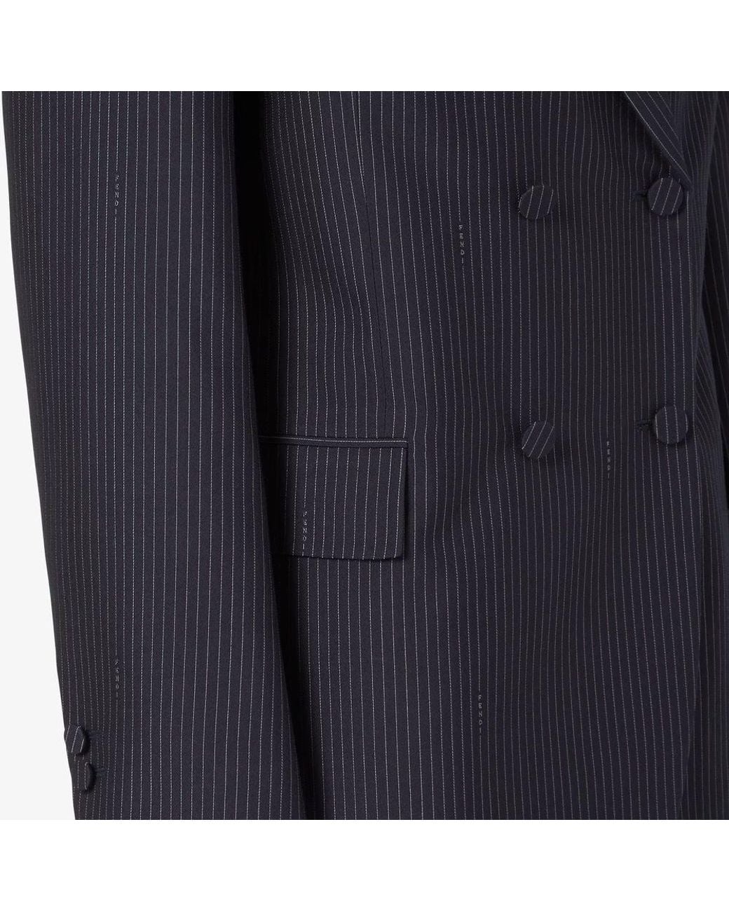 Fendi Blue Fendi Double-Breasted Pinstriped Wool Blazer