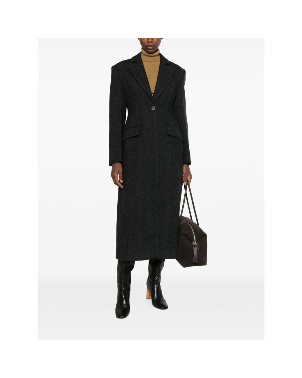 Tela Black Herringbone Single-Breasted Coat