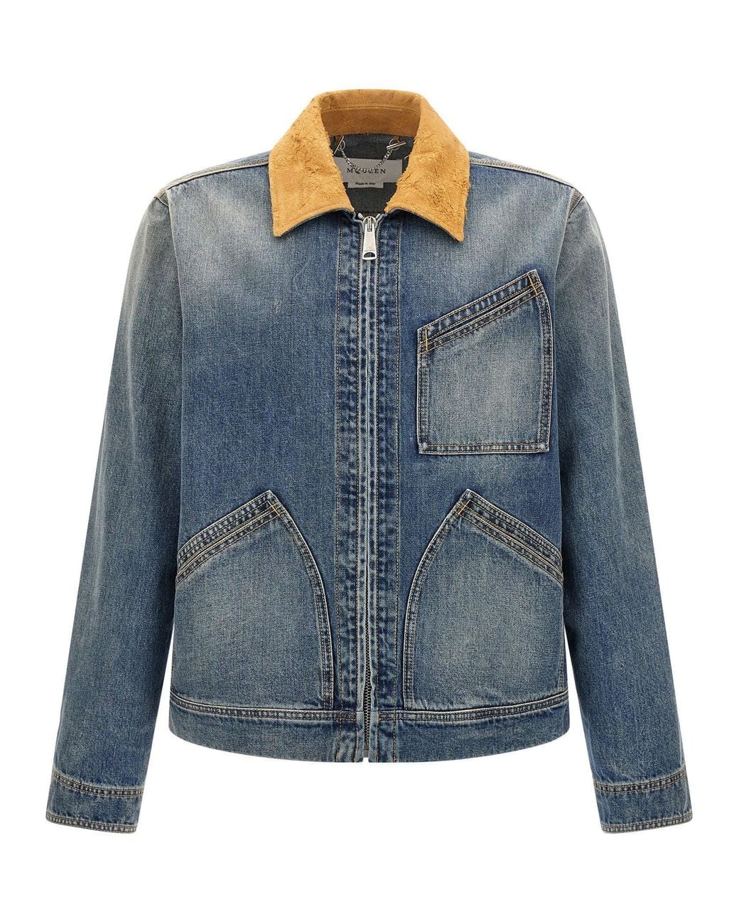 McQueen Blue Suede-Collar Denim Jacket